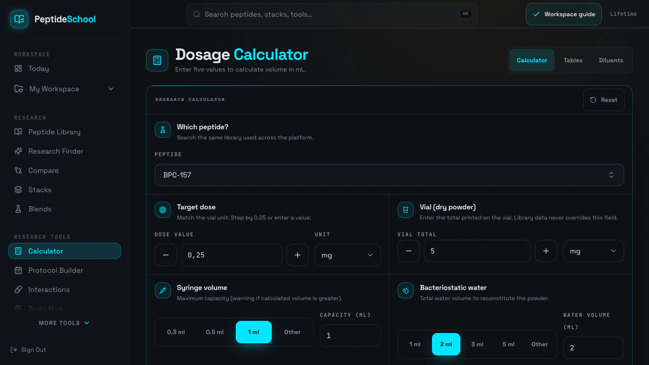 PeptideSchool Calculator workspace with editable research reference inputs