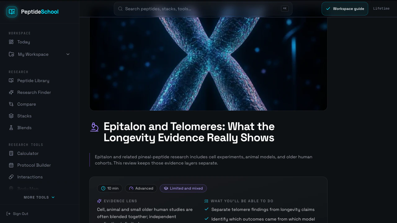 PeptideSchool Epitalon study with telomere artwork, evidence context, and limitations